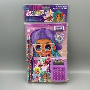Hairdorables School Calculator Set 7 Pieces Pencils Sharpener Eraser Memo Pad